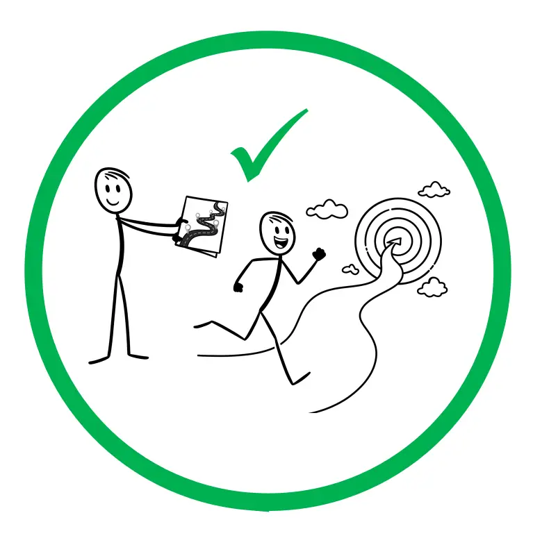 green circle_right way Stick figures with map, running towards target.